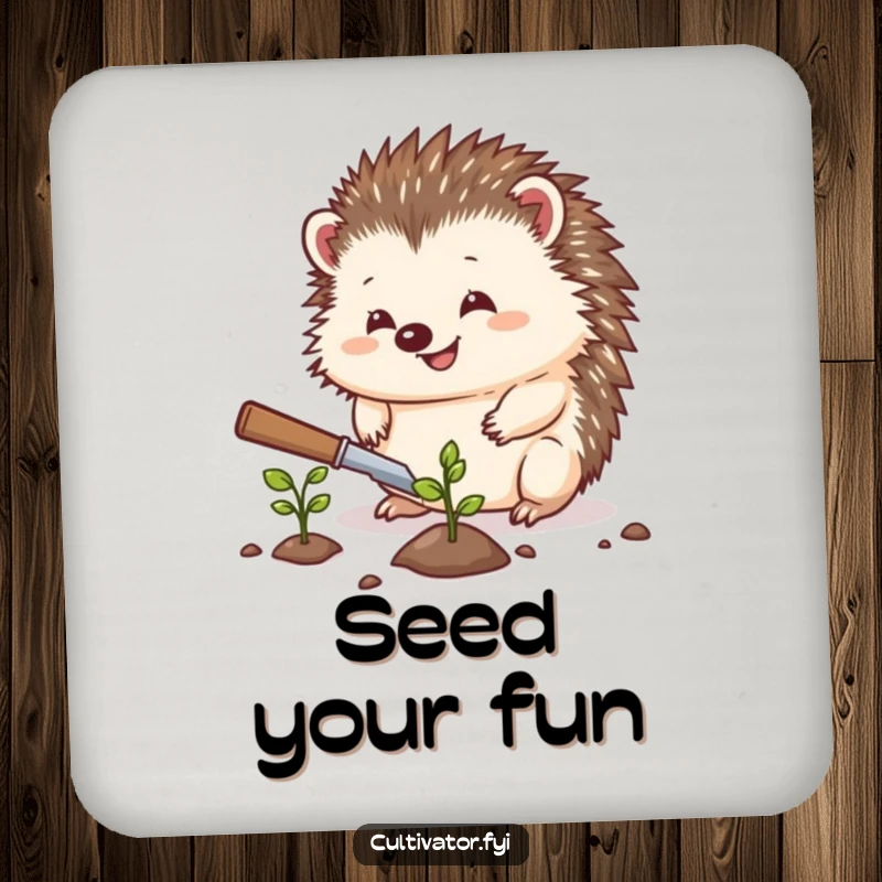 Funny hedgehog coaster, a hedgehog planting a seed, protects furniture, humorous garden art, great funny gift.