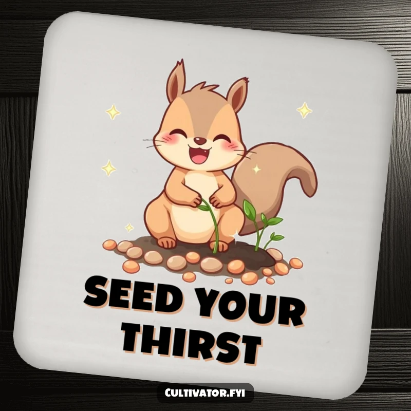 Funny drink coaster featuring a joyful squirrel character humorously planting sparkling seeds, protecting surfaces with funny charm.