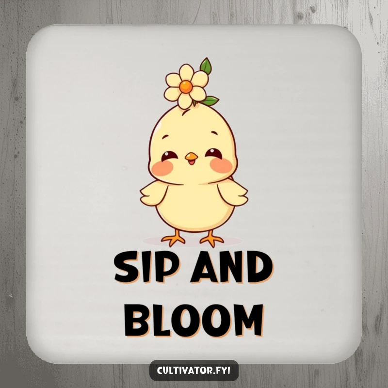 Funny coaster, happy chick balancing a flower on its head, drink protection, cheerful home accessory.
