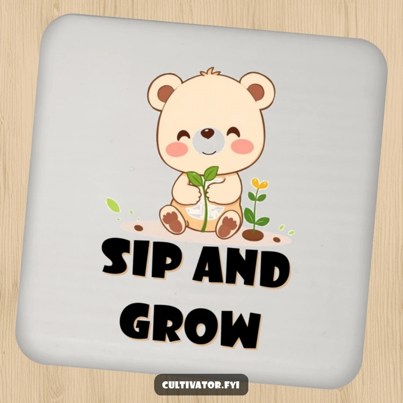 Funny drink coaster featuring a cheerful bear cub character humorously guiding a tiny sprout, protecting surfaces with funny charm.