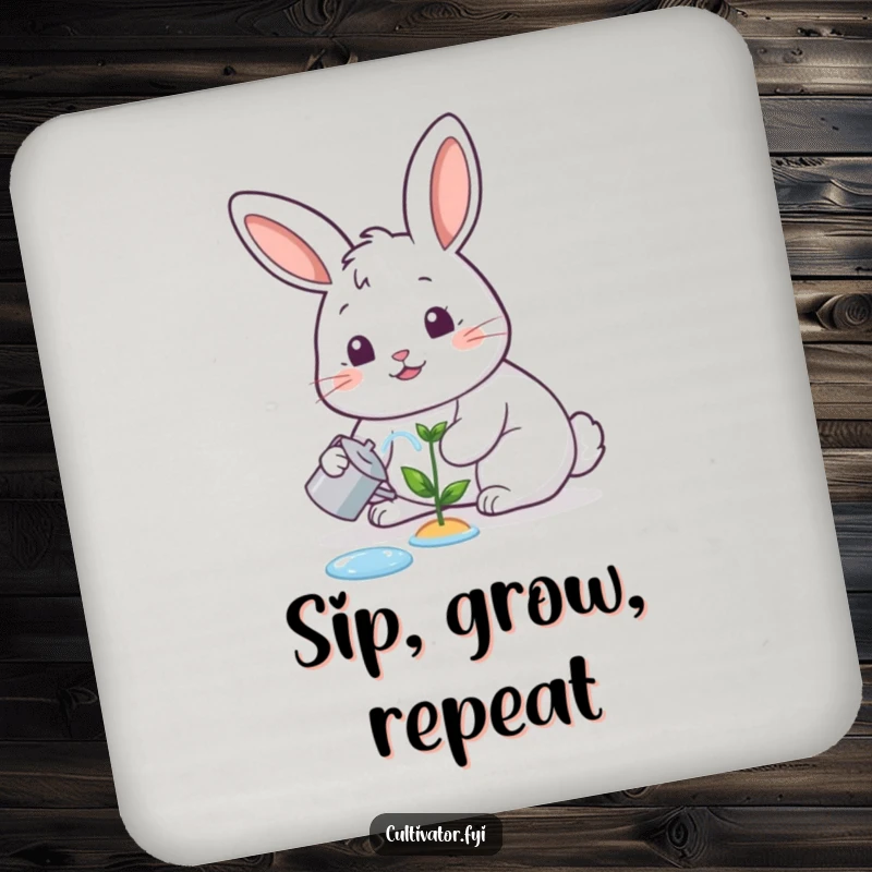 Funny coaster, happy rabbit watering a tiny sprout with a cheerful expression, humorous protection for surfaces.