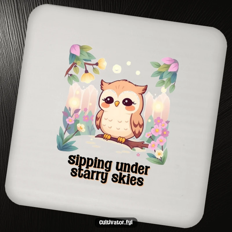 Funny coaster set featuring a calm owl character observing bright fireflies in a lush garden at night, adding whimsical charm to tables.