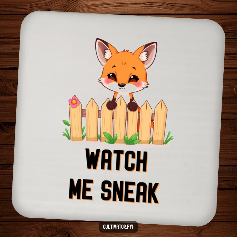 Funny drink coasters featuring a curious fox peeking over a garden fence, adding a touch of whimsy to any table.