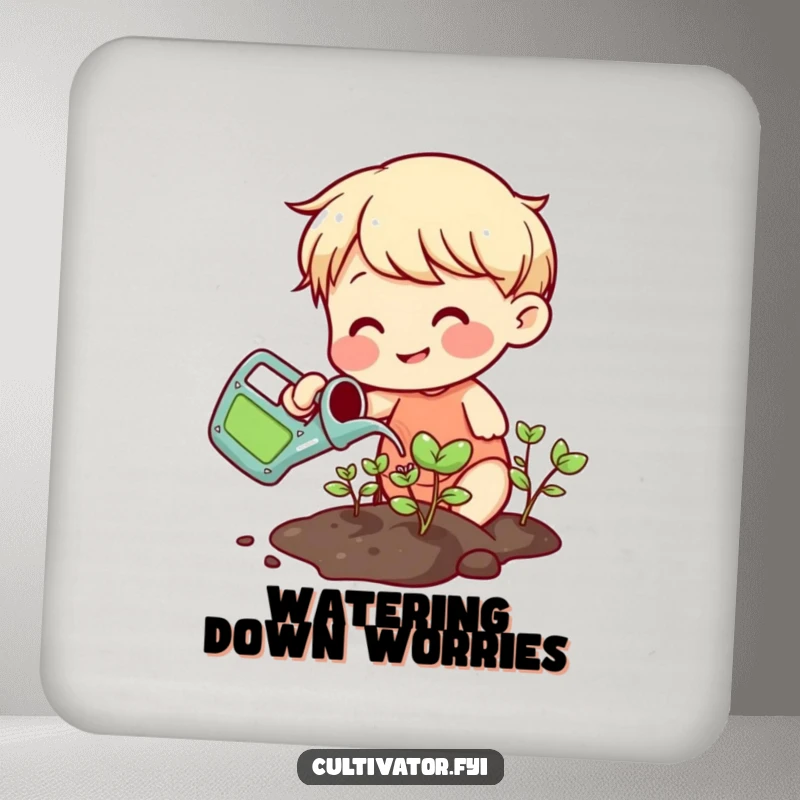 Funny smiling character watering sprouts with a small colorful watering can drink coasters, adding plant care charm.