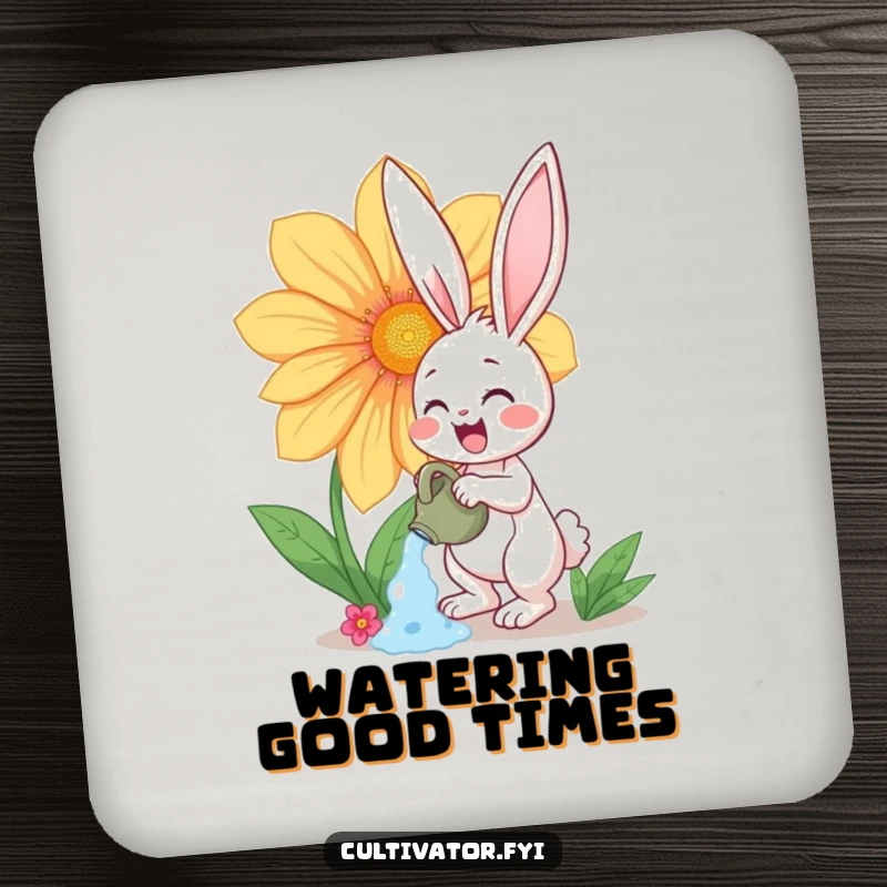 Funny drink coaster with a happy bunny character enthusiastically watering a giant, vibrant flower, a cheerful addition to any table.