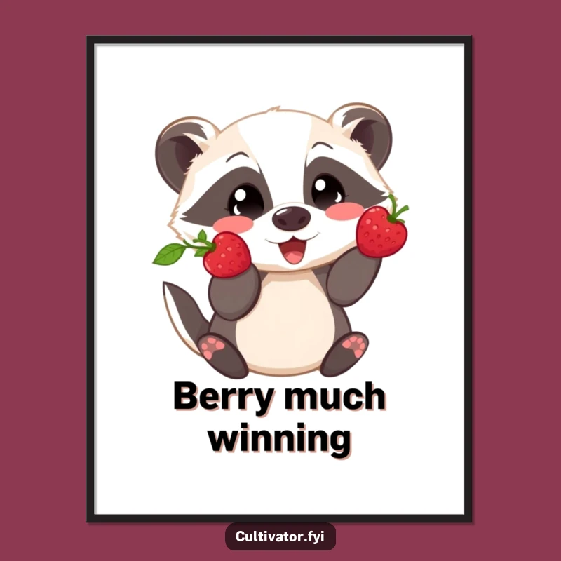 Funny Badger Berry Poster - Playful Showing Off Fresh Pick, Whimsical Nature Decor Gift