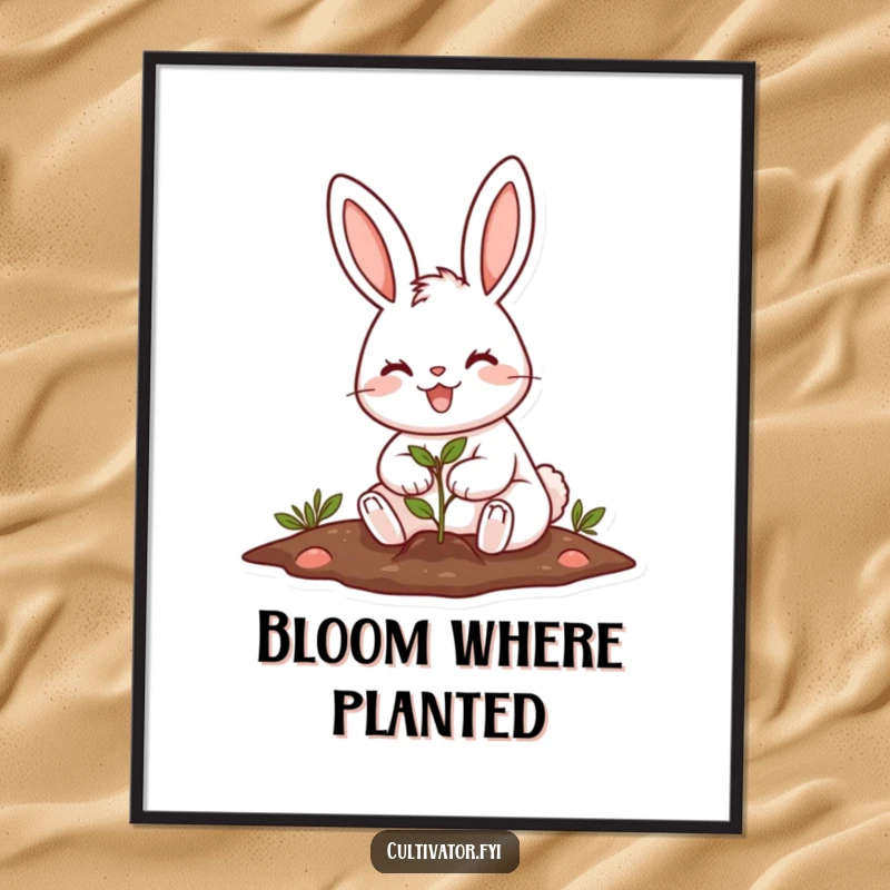 Funny cheerful rabbit planting a tiny seed with a big smile poster, adding a touch of whimsical garden charm.