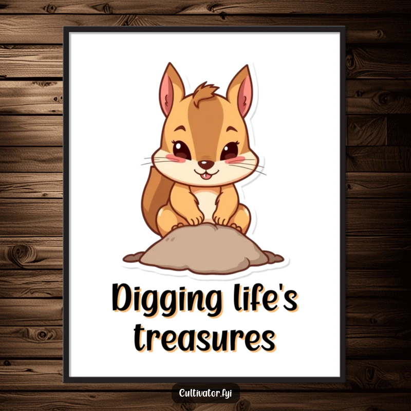 Funny squirrel poster showing a determined squirrel digging a small hole, perfect motivational and humorous wall art.