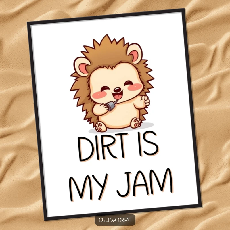 Funny poster showcasing a delighted hedgehog character humorously digging in rich soil, creating a whimsical and funny wall decor.
