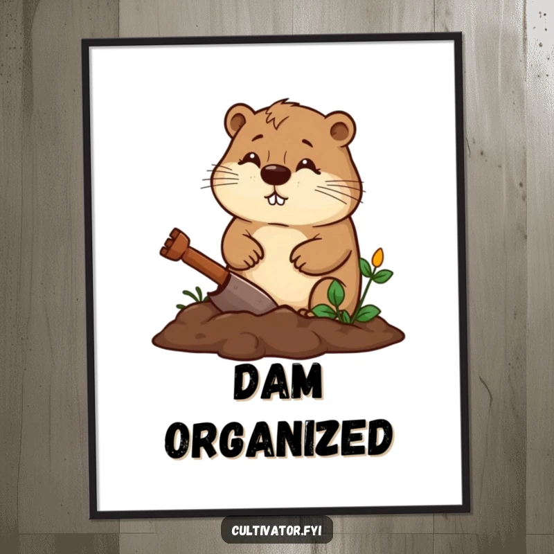 Funny beaver poster depicting a diligent beaver digging a garden bed with a determined expression, framed funny gift.