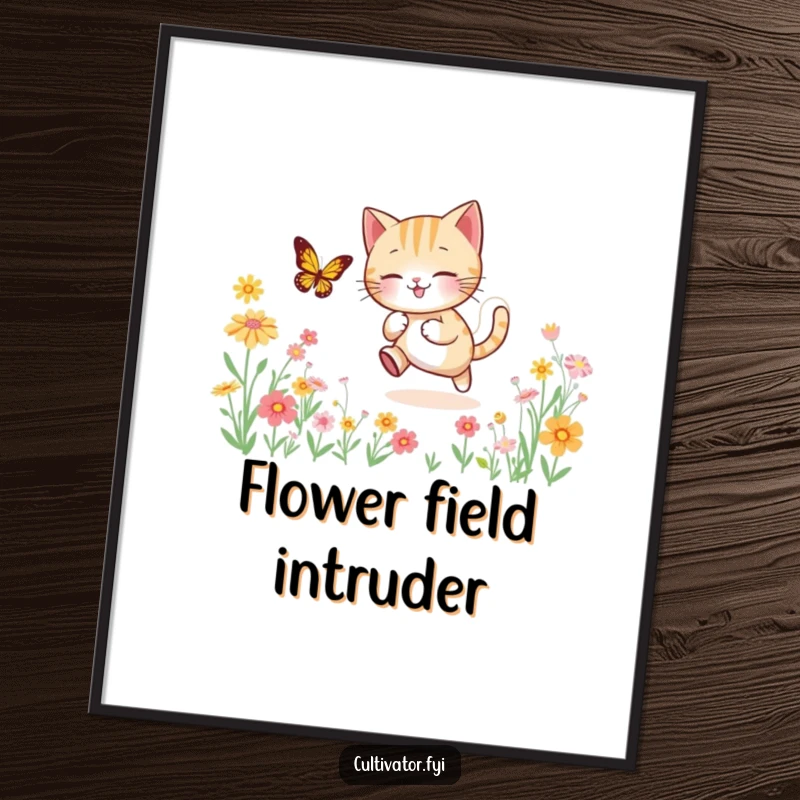 Funny poster print of an agile cat energetically chasing a delicate butterfly through a picturesque field densely packed with a variety of colorful flowers.