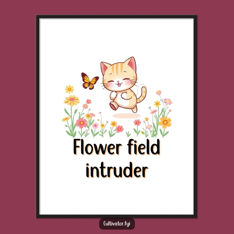 Funny Cat Butterfly Poster - Lively Garden Scene Art Print - Whimsical Funny Gift