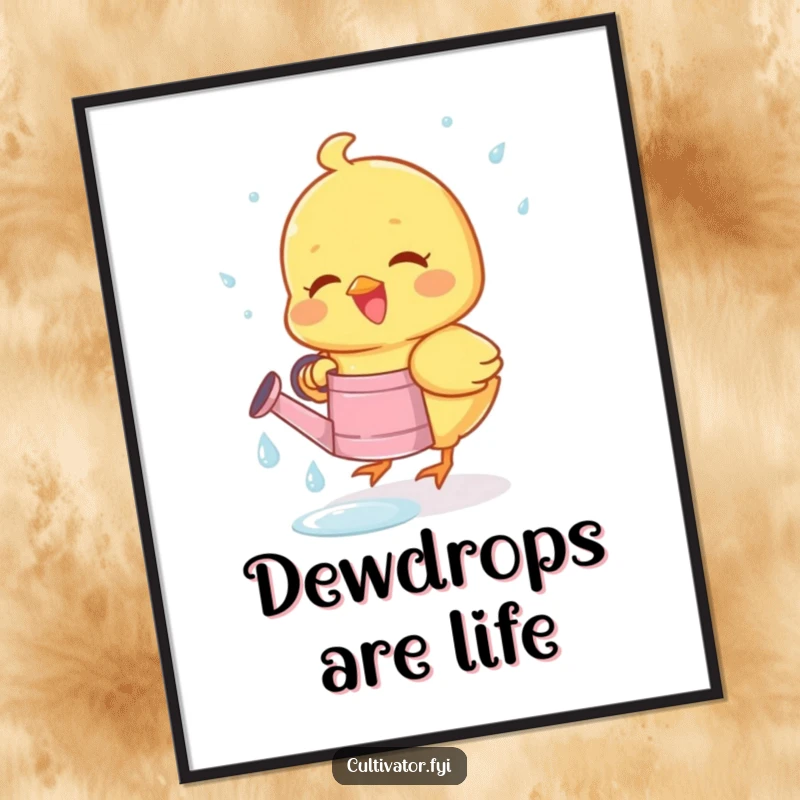Funny poster of a joyous chick happily collecting dewdrops in a tiny watering can, perfect for whimsical spring decor.