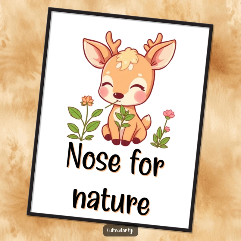Funny Deer Poster: Joyful deer with eyes closed, inhaling fragrant herb, creating peaceful and humorous wall art.