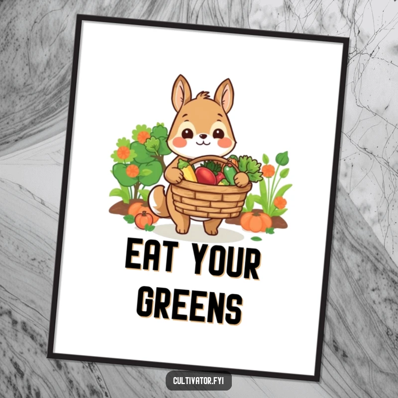 Funny poster art of a smiling animal character offering a basket of fresh produce, adding humorous charm to any room.