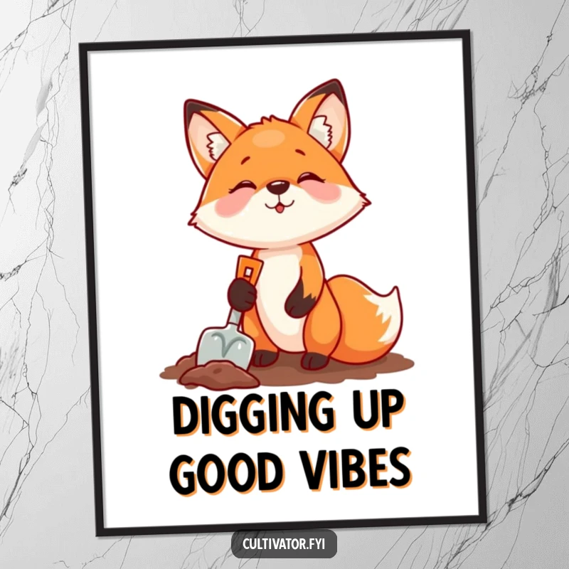 Funny fox holding a small shovel and digging with delight, depicted on a poster for humorous and energetic art.