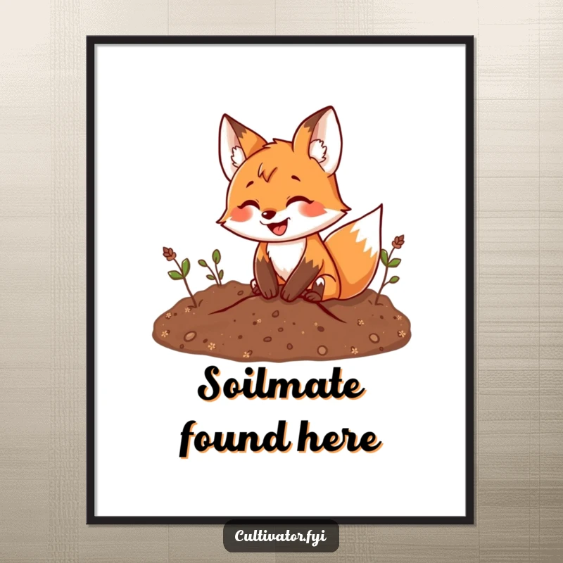 Funny fox poster depicting a smiling fox digging happily in fertile soil, creating a charming garden-themed wall art piece.