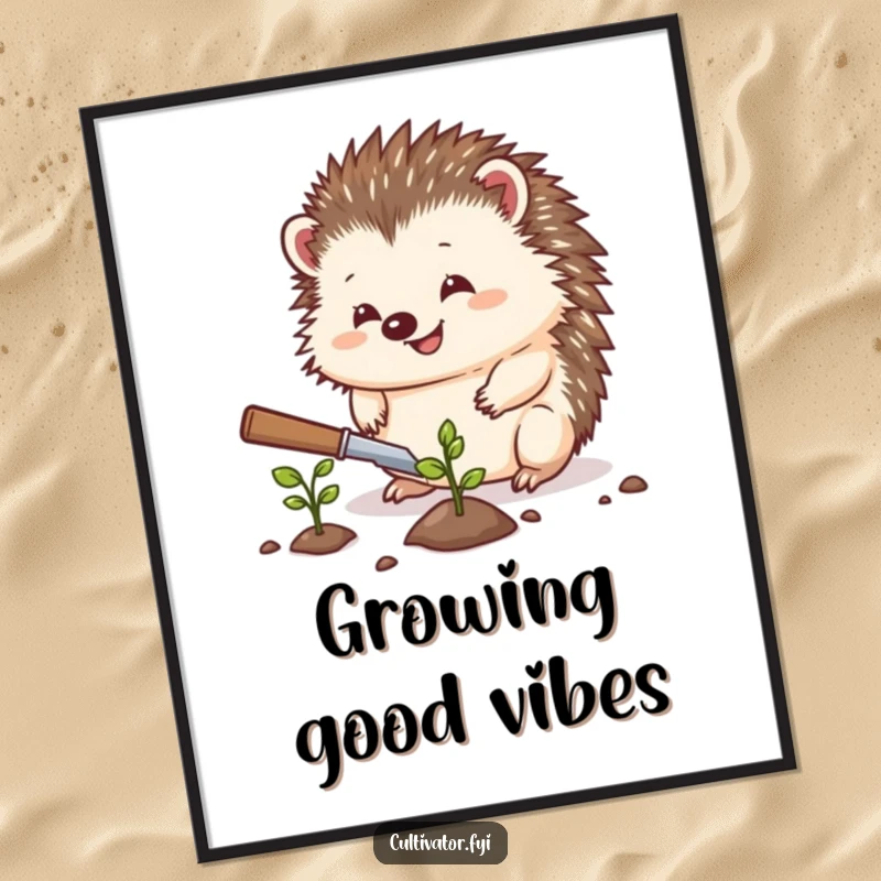 Funny hedgehog poster, a delighted hedgehog planting a seed, whimsical illustration, humorous garden art, perfect funny gift.
