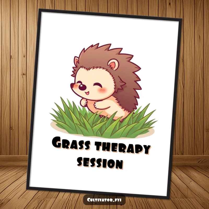 Funny Hedgehog Poster: Giggling hedgehog character happily rolls through soft green grass, whimsical illustration.