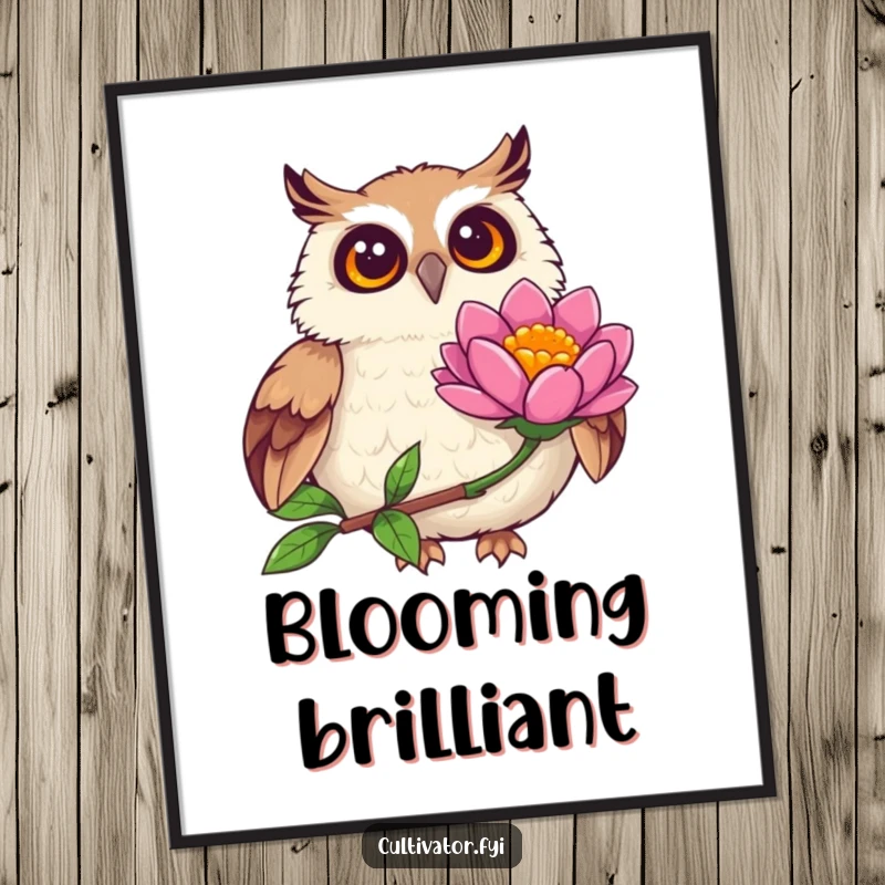 Funny joyful owl poster, observing a vibrant flower bloom with wide eyes, a piece of whimsical art celebrating nature's beauty.