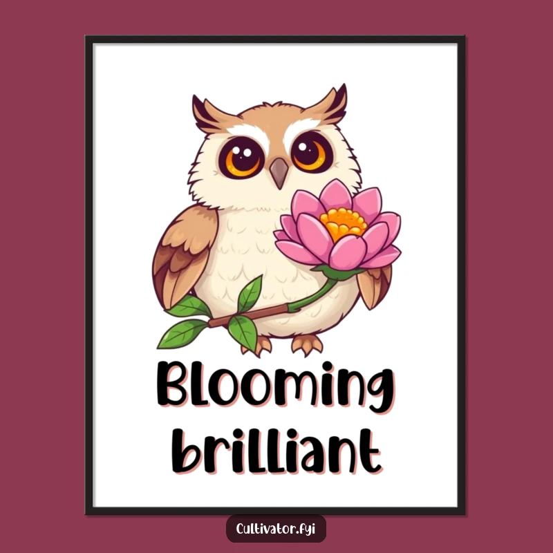 Funny Joyful Owl Observing Flower Poster - Whimsical Art for Nature Lovers