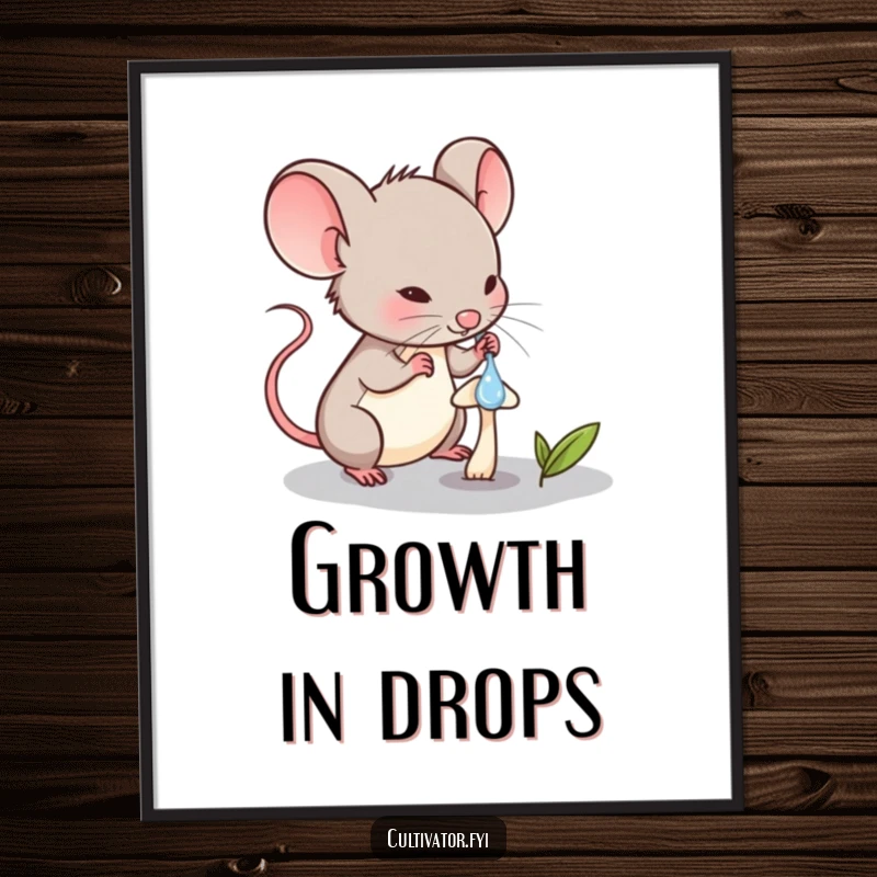 Funny Mouse Poster: Determined mouse character carefully waters a minuscule mushroom with a dropper, detailed art.