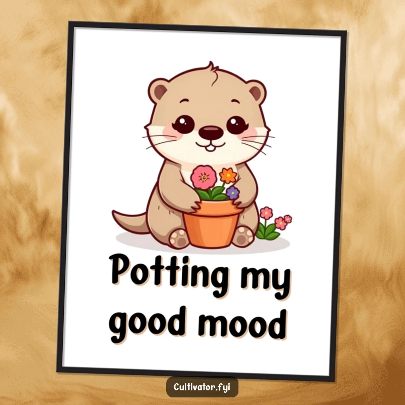 Funny otter flower poster featuring a cheerful otter tending a vibrant flower pot, creating a charming botanical art piece.