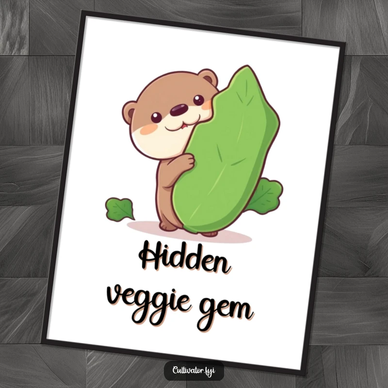 Funny poster, curious otter peeking from behind a large leafy vegetable, whimsical wall art, humorous animal illustration.