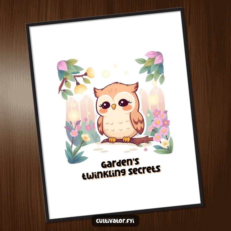 Funny poster print of a wise, contented owl perched in a garden, mesmerized by the gentle glow of numerous fireflies at night.