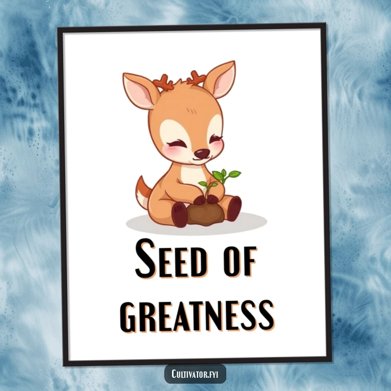 Funny perky deer poster, gently nurturing a sprouting seedling with its paws, a serene and humorous piece of wall art.