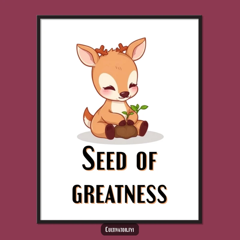 Funny Perky Deer Nurturing Seedling Poster - Gentle Nature Art Print