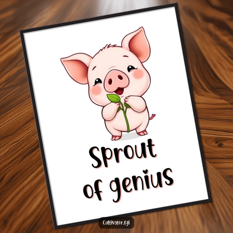 Funny poster showcasing a proud piglet proudly presenting a tiny green sprout, symbolizing new beginnings and joy.