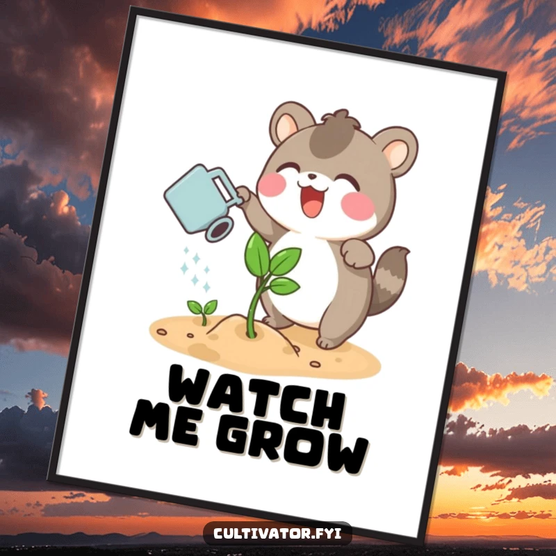 Funny poster art of an excited animal character watering a sprouting plant with a small watering can, celebrating growth.