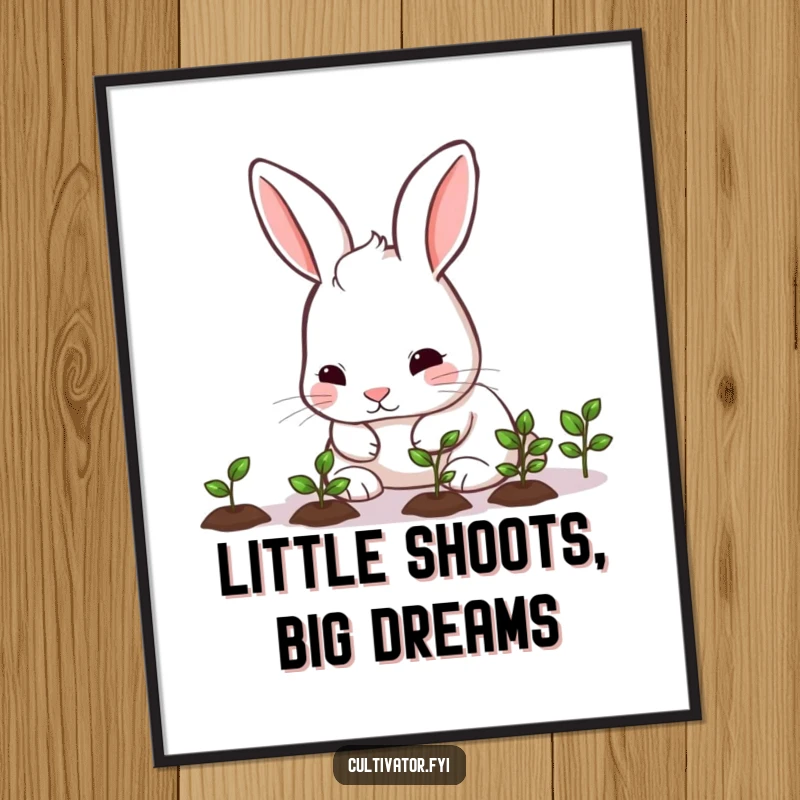 Funny rabbit carefully nurturing seedlings, depicted on a poster for humorous and cute garden-themed art.