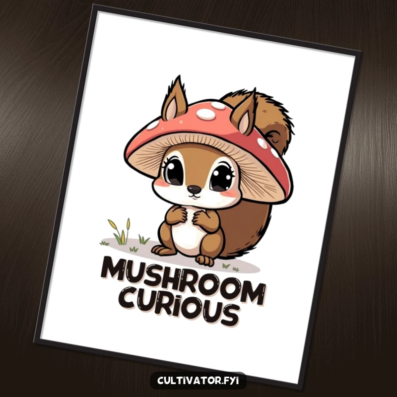 Funny poster, curious squirrel examining a large mushroom cap with wide eyes, humorous and cute decor.