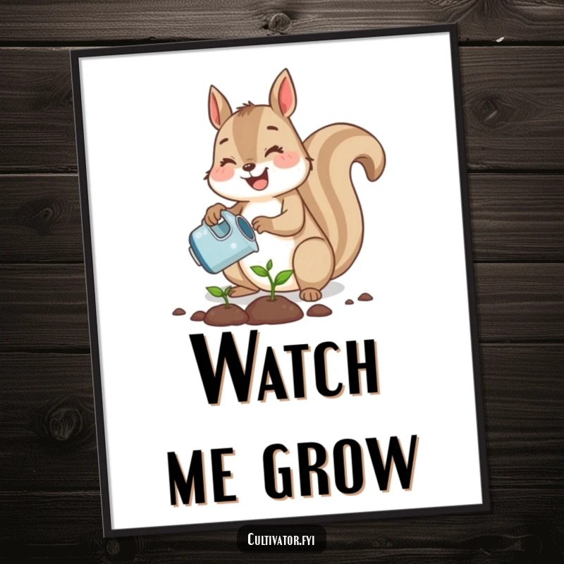 Funny cute squirrel joyfully planting a tiny seed with a watering can, a charming and humorous wall art.