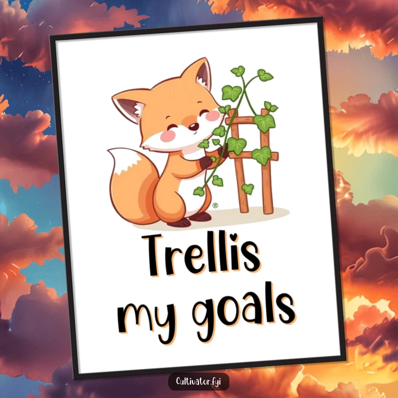 Funny whimsical fox poster, happily guiding a vine up a small trellis, a piece of enchanting and humorous wall art.