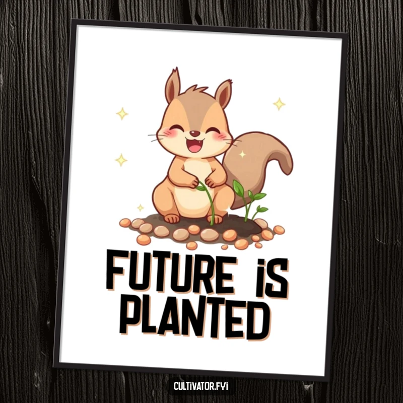 Funny poster showcasing a joyful squirrel character humorously planting sparkling seeds, creating a whimsical and funny wall decor.