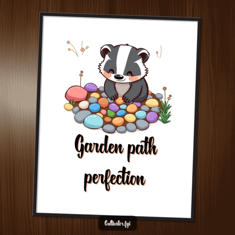 Funny Poster: A smiling badger carefully arranges colorful pebbles to form a garden path, creating a tranquil and humorous scene.