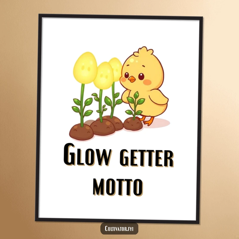 Funny poster art of a cute chick character happily tending to oversized, glowing seedlings, celebrating magical gardening.