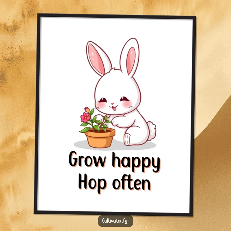 Funny art poster of a smiling bunny character happily nurturing a very small, vibrant potted plant.