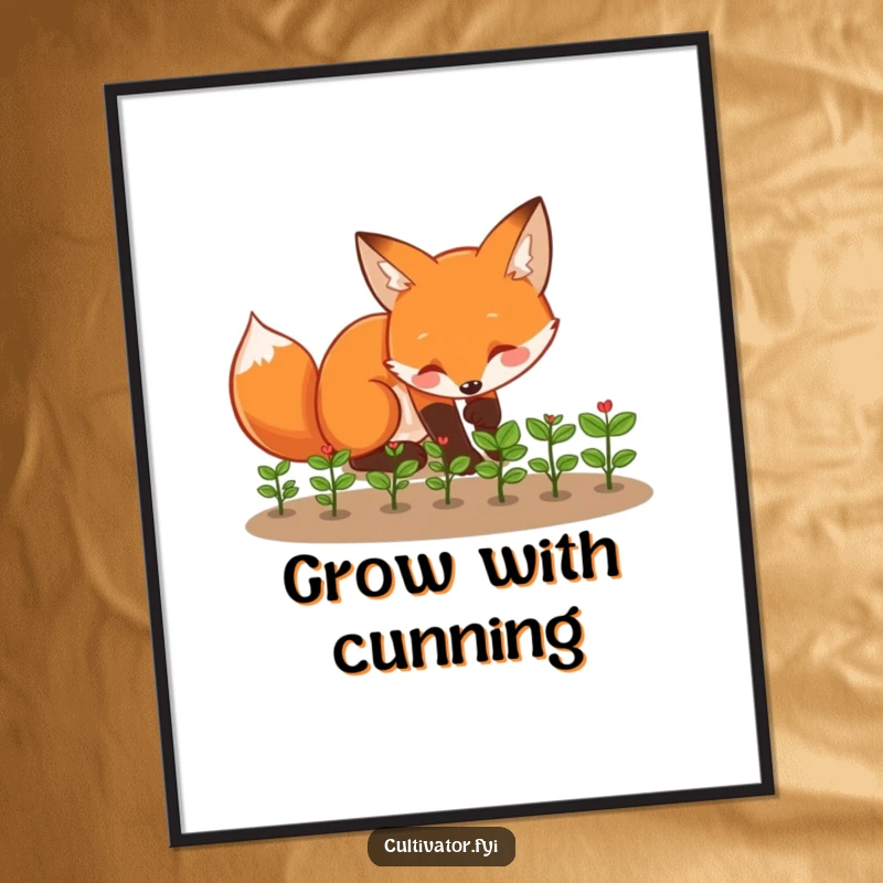 Funny fox poster depicting a playful fox tending to tiny seedlings with enthusiasm, a charming funny gift.