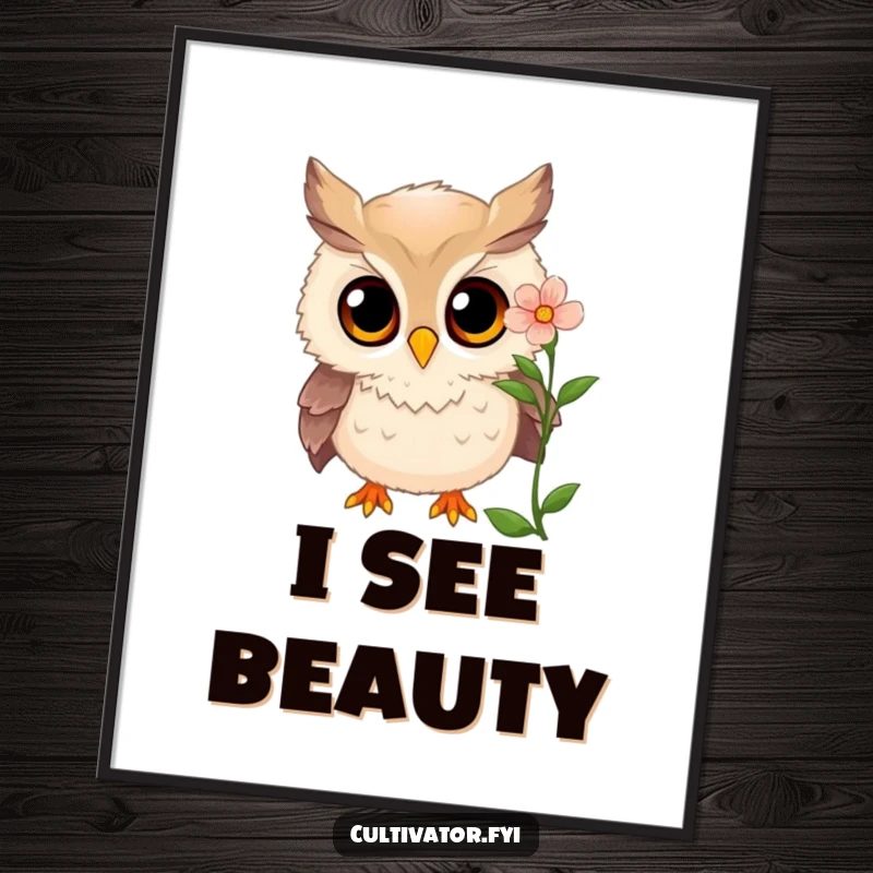 Funny owl poster depicting a curious owl examining a blooming flower with wide, amazed eyes, a charming funny gift.
