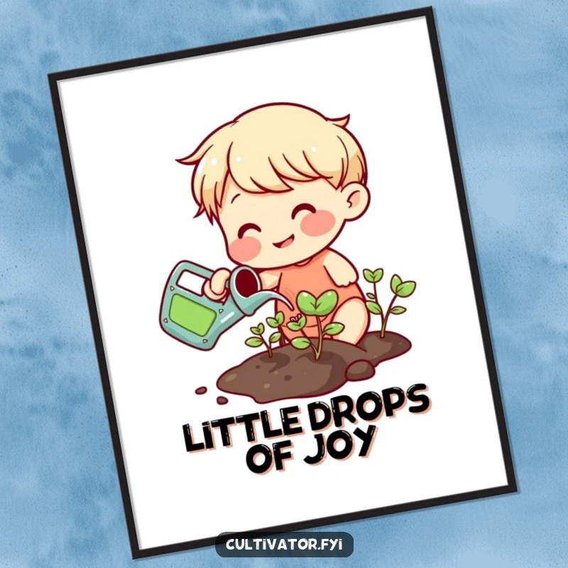 Funny smiling character watering sprouts with a small colorful watering can poster, depicting gentle care and growth.