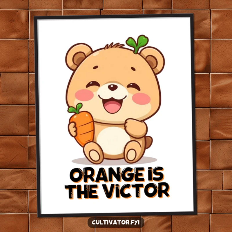 Funny poster, joyful bear proudly displaying a tiny carrot, healthy wall art, cute illustration, humorous decor.