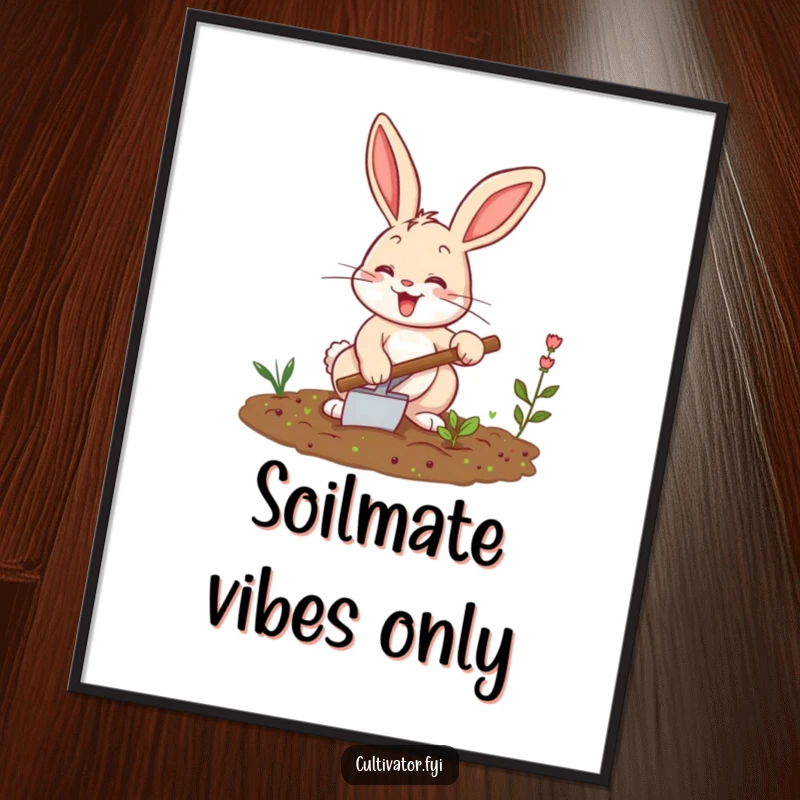 Funny bunny poster, excitedly tilling a small garden patch with a trowel, bringing a touch of lighthearted agricultural art indoors.