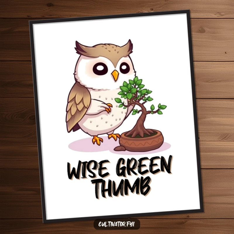 Funny Owl Poster: Lively owl carefully pruning a bonsai tree, embodying focus and gentle humor in wall art.