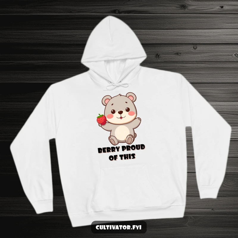 Funny Bear Hoodie: A playful bear proudly presents a single, perfect berry, embodying contentment and adorable woodland charm.