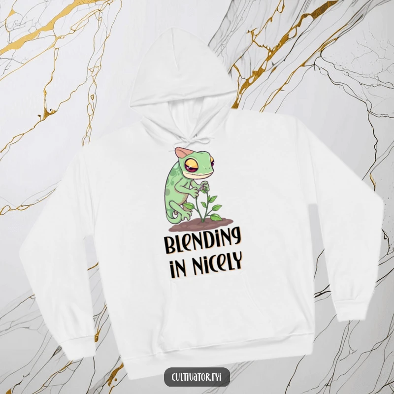 Funny chameleon hoodie showing a curious reptile carefully measuring a tiny vine's growth, emphasizing observation.
