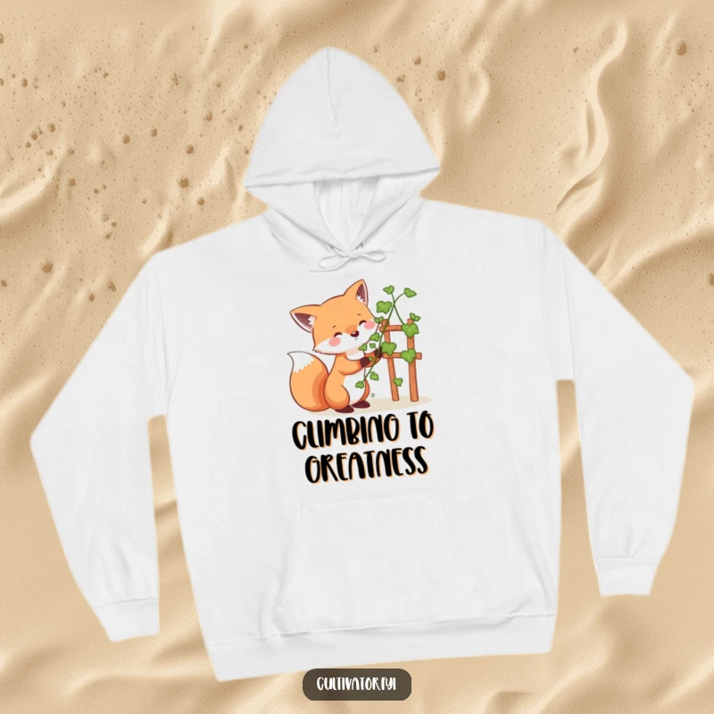 Funny whimsical fox hoodie, happily guiding a vine up a small trellis, a cozy and humorous addition to any wardrobe.